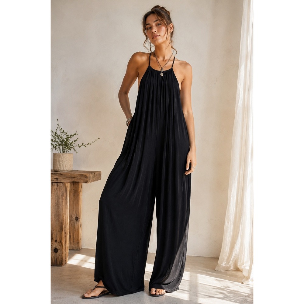 P.CILL Black Halter Maxi Dress Womens Large Sleeveless Flowy Pleated Boho